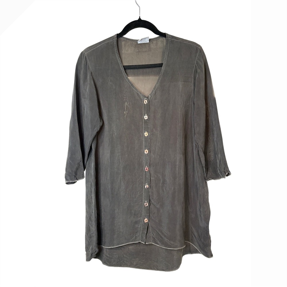 Click Grey Button Down Tunic Women Medium Cupro‎ Rayon V-Neck